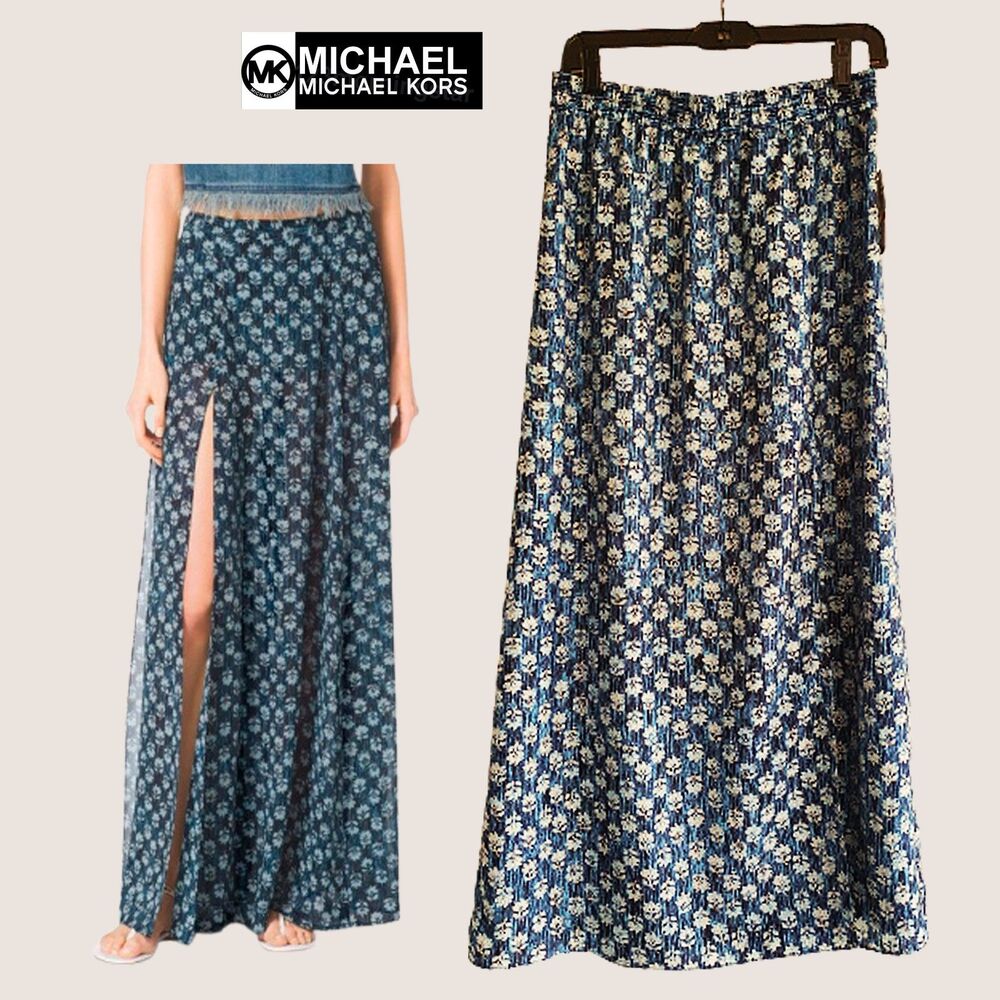 MICHAEL Michael Kors NEW Bohemian Heritage Chiffon Blue Slit Maxi Skirt M